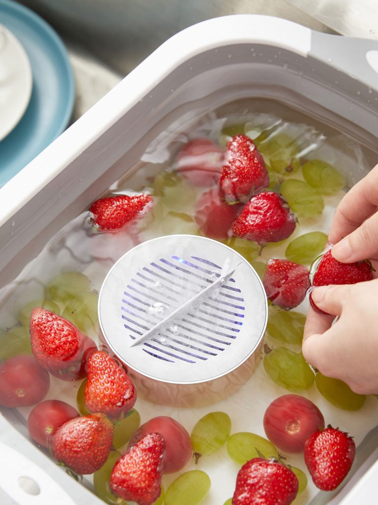 pesticide cleaner in container of water with tomatoes, strawberries and grapes