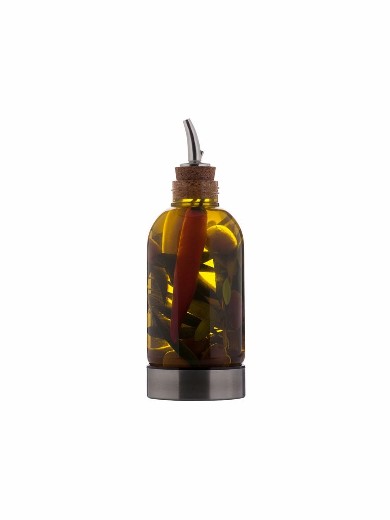 Bo-Bottle with pouring spout, filled with olive oil, pepper and olives