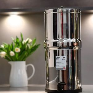 British Berkefeld water filter with black tap on countertop with vase of tulips