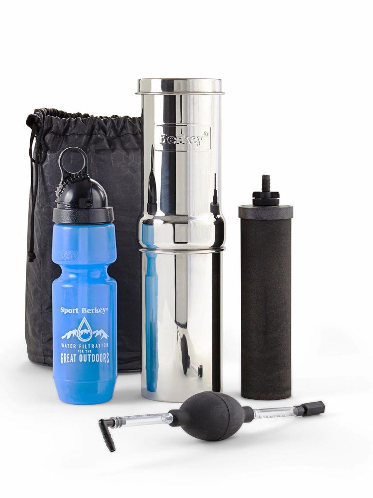 Go Berkey water filter set, with primer, filter element, Sport Berkey water bottle and storage bag