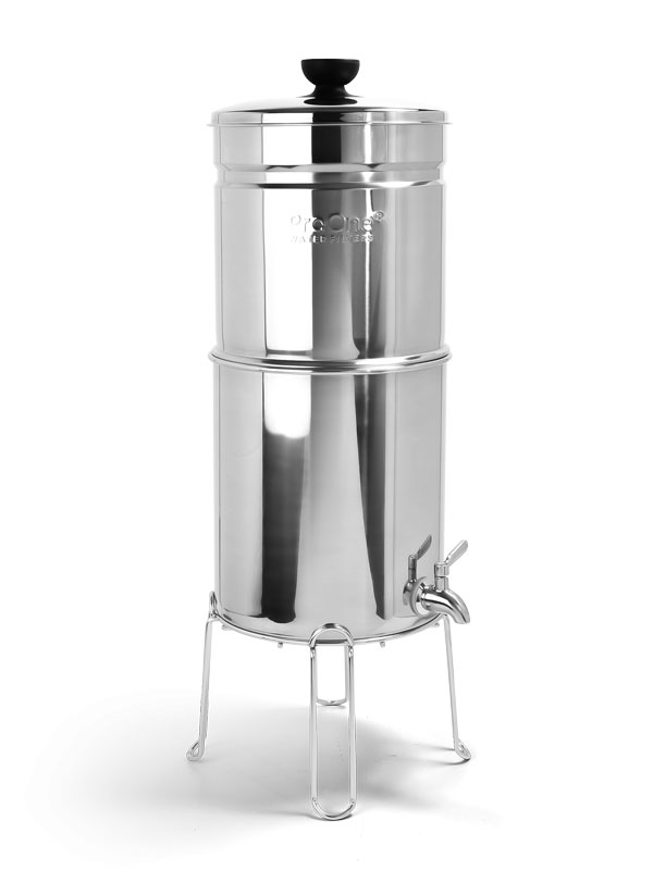 ProOne water filter, stainless steel, tap, stand, lid with knob